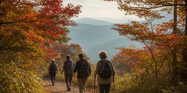 秋色に染まった葛城山の遊歩道を参加者が歩く紅葉ハイキング