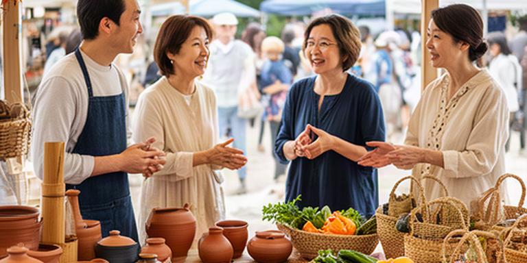 葛城市の文化祭会場で工芸品と郷土料理を紹介する交流ブース